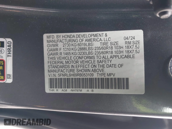 2024 Honda Odyssey EX-L with VIN 5FNRL6H69RB053109, listed as a IAAI auction lot 41902641 with 19,358 mi miles and . Bid and sale history available at DreamBid. Image 9.