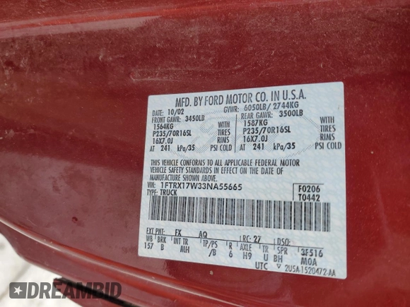 2003 Ford F-150 XL with VIN 1FTRX17W33NA55665, listed as a Copart auction lot 47348395 with 181,219 mi miles and Clean Title. Bid and sale history available at carsss.com. Image 12.