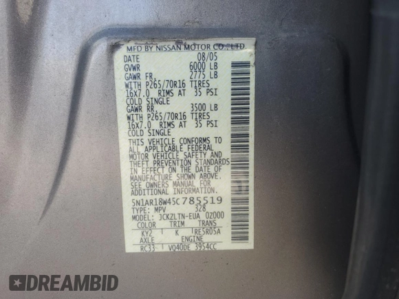 2005 Nissan Pathfinder SE с VIN 5N1AR18W45C785519, выставлен на аукционе Copart как лот 50410955 с пробегом 133 745 миль миль и Чистый • Clean title. История ставок и продаж доступна на DreamBid. Изображение 15.