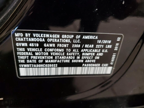 2017 Volkswagen Passat SE with VIN 1VWBT7A30HC025022, listed as a Copart auction lot 48578415 with 118,266 mi miles and Salvage title. Bid and sale history available at DreamBid. Image 12.