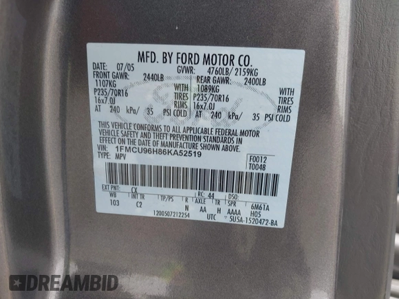 2006 Ford Escape Hybrid z VIN 1FMCU96H86KA52519, wystawiony jako IAAI lot #42443003 z przebiegiem 162 469 mil mil oraz . Historia ofert i sprzedaży dostępna na DreamBid. Obrazek 9.