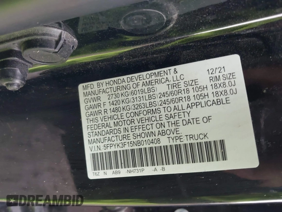 2022 Honda Ridgeline Sport with VIN 5FPYK3F15NB010408, listed as a IAAI auction lot 41538181 with 87,923 mi miles and . Bid and sale history available at DreamBid. Image 9.