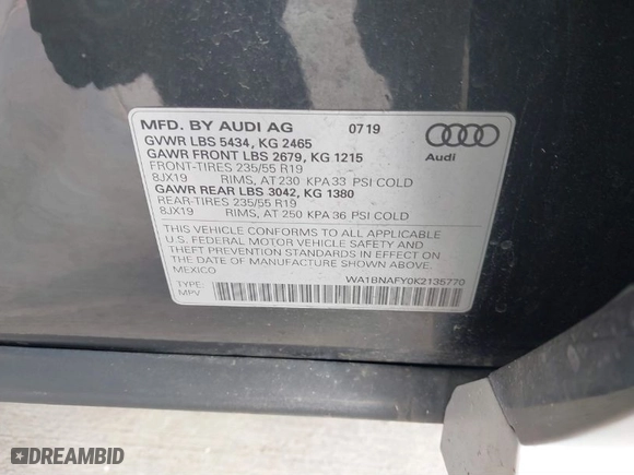 2019 Audi Q5 Premium Plus with VIN WA1BNAFY0K2135770, listed as a IAAI auction lot 41581318 with 39,792 mi miles. Bid and sale history available at carsss.com. Image 9.