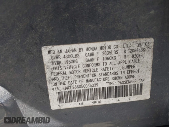 2005 Acura TSX with VIN JH4CL96805C035339, listed as a IAAI auction lot 42587430 with 212,221 mi miles and . Bid and sale history available at DreamBid. Image 9.