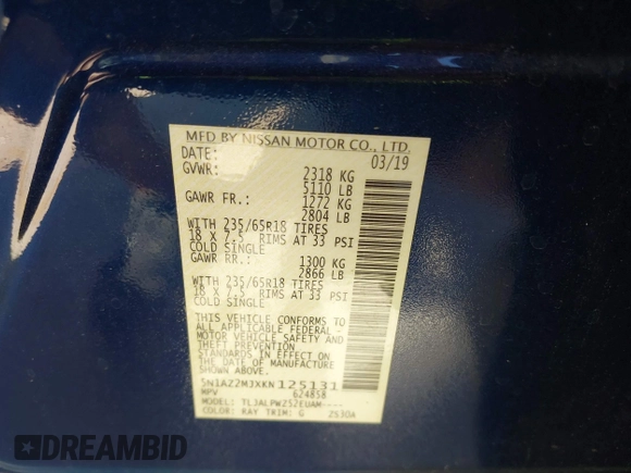 2019 Nissan Murano S with VIN 5N1AZ2MJXKN125131, listed as a IAAI auction lot 41834869 with 64,781 mi miles and . Bid and sale history available at DreamBid. Image 9.