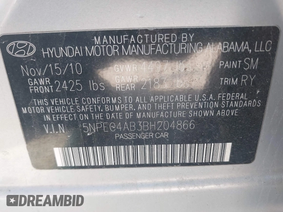 2011 Hyundai Sonata Limited with VIN 5NPEC4AB3BH204866, listed as a IAAI auction lot 42071028 with 230,480 mi miles and . Bid and sale history available at DreamBid. Image 9.
