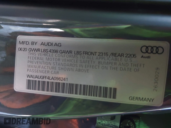 2020 Audi A3 Premium with VIN WAUAUGFF4LA096241, listed as a IAAI auction lot 41854280 with 58,287 mi miles and . Bid and sale history available at DreamBid. Image 9.