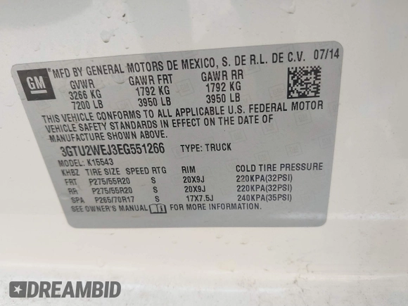 2014 GMC Sierra 1500 Denali z VIN 3GTU2WEJ3EG551266, wystawiony jako IAAI lot #41631624 z przebiegiem 120 214 mil mil oraz . Historia ofert i sprzedaży dostępna na DreamBid. Obrazek 9.