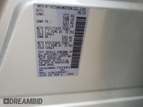 2014 Nissan Pathfinder Platinum with VIN 5N1AR2MM9EC707683, listed as a Copart auction lot 53801935 with 107,011 mi miles and Salvage Title. Bid and sale history available at carsss.com. Image 14.