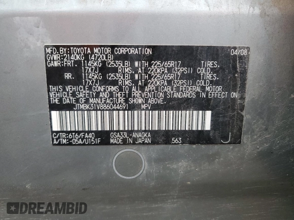 2008 Toyota RAV4 Limited с VIN JTMBK31V886044691, выставлен на аукционе Copart как лот 86203024 с пробегом 222 108 миль миль и Чистый • Clean title. История ставок и продаж доступна на DreamBid. Изображение 13.