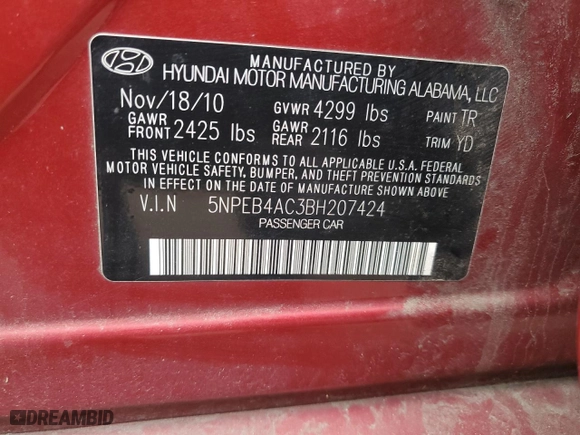 2011 Hyundai Sonata GLS PZEV with VIN 5NPEB4AC3BH207424, listed as a Copart auction lot 47092825 with 200,221 mi miles and Salvage Title. Bid and sale history available at carsss.com. Image 13.