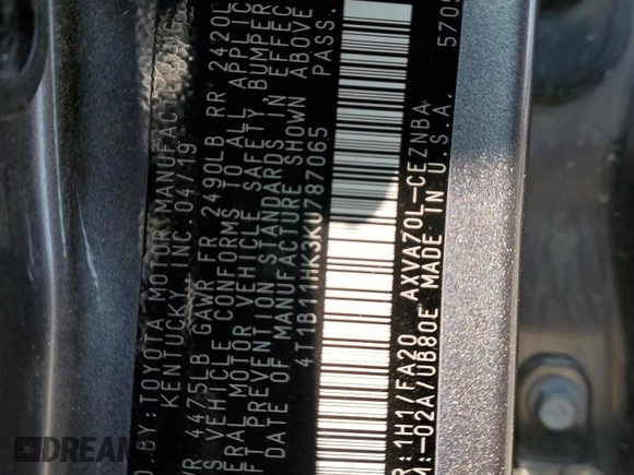 2019 Toyota Camry LE with VIN 4T1B11HK3KU787065, listed as a Copart auction lot 48638235 with 66,818 mi miles and Salvage Title. Bid and sale history available at carsss.com. Image 14.