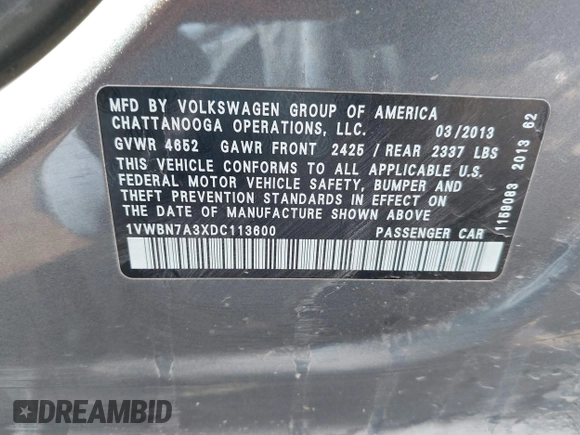 2013 Volkswagen Passat SE with VIN 1VWBN7A3XDC113600, listed as a IAAI auction lot 41826962 with 121,188 mi miles and . Bid and sale history available at DreamBid. Image 9.