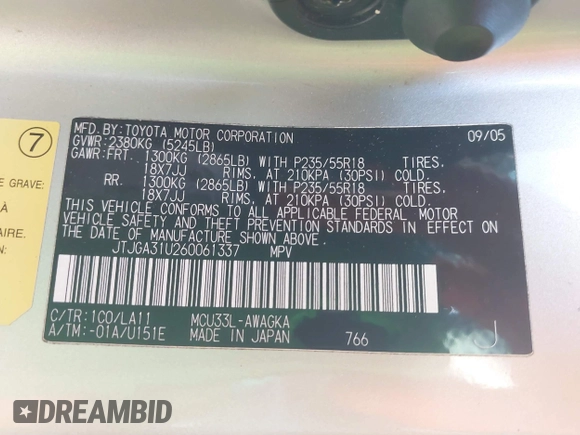 2006 Lexus RX 330 with VIN JTJGA31U260061337, listed as a IAAI auction lot 42346470 with 120,479 mi miles and . Bid and sale history available at DreamBid. Image 9.