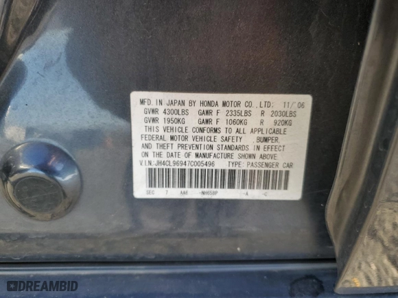 2007 Acura TSX Navi with VIN JH4CL96947C005496, listed as a Copart auction lot 47658235 with 167,182 mi miles and Salvage Title. Bid and sale history available at carsss.com. Image 12.