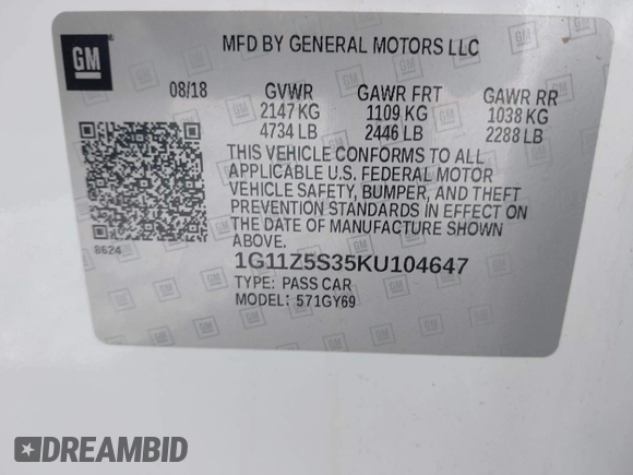 2019 Chevrolet Impala LT with VIN 1G11Z5S35KU104647, listed as a IAAI auction lot 42130623 with 85,287 mi miles and . Bid and sale history available at DreamBid. Image 9.