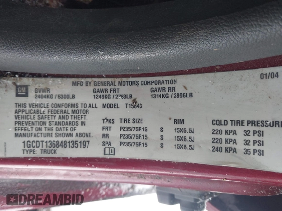 2004 Chevrolet Colorado 1SB LS Z85 with VIN 1GCDT136848135197, listed as a IAAI auction lot 41289303 with 230,818 mi miles. Bid and sale history available at carsss.com. Image 9.