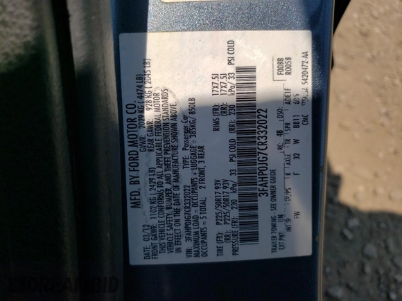 2012 Ford Fusion SEL z VIN 3FAHP0JG7CR332022, wystawiony jako Copart lot #60785765 z przebiegiem 112 202 mil mil oraz Szkoda całkowita • Salvage title. Historia ofert i sprzedaży dostępna na DreamBid. Obrazek 12.