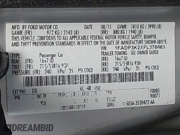 2015 Ford Focus SE with VIN 1FADP3K2XFL376683, listed as a IAAI auction lot 41189828 with 175,151 mi miles. Bid and sale history available at carsss.com. Image 9.
