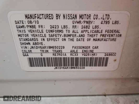 2011 Infiniti G25 x z VIN JN1DV6AR1BM650229, wystawiony jako Copart lot #47320395 z przebiegiem 167 404 mil mil oraz Szkoda całkowita • Salvage title. Historia ofert i sprzedaży dostępna na DreamBid. Obrazek 15.