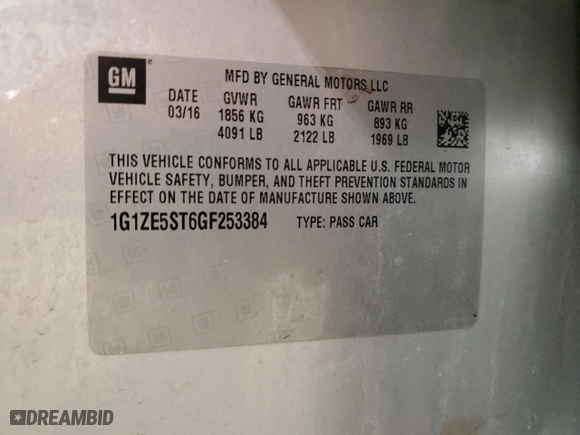2016 Chevrolet Malibu LT with VIN 1G1ZE5ST6GF253384, listed as a Copart auction lot 45722735 with 121029 miles and Non Repairable. Bid and sale history available at carsss.com. Image 12.