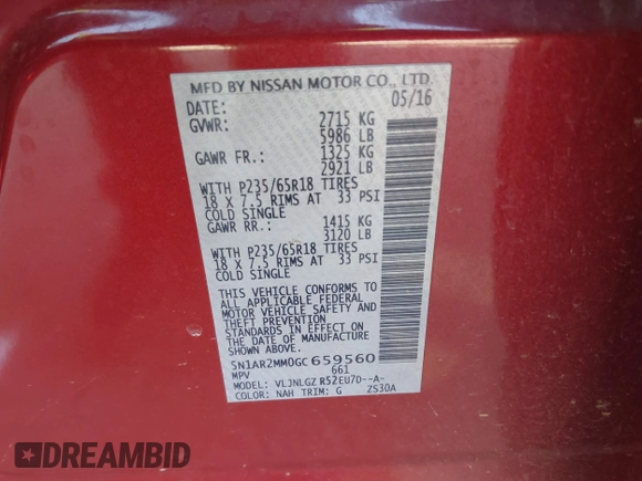 2016 Nissan Pathfinder Platinum with VIN 5N1AR2MM0GC659560, listed as a IAAI auction lot 41467463 with 119,660 mi miles and . Bid and sale history available at DreamBid. Image 9.