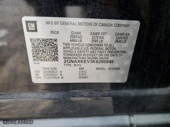 2019 Chevrolet Equinox LT with VIN 2GNAXKEV3K6289845, listed as a Copart auction lot 85072404 with 90,986 mi miles and Salvage Title. Bid and sale history available at carsss.com. Image 14.