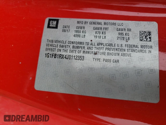 2018 Chevrolet Camaro 1LT with VIN 1G1FB1RX4J0112353, listed as a Copart auction lot 46763063 with 84,959 mi miles. Bid and sale history available at carsss.com. Image 12.