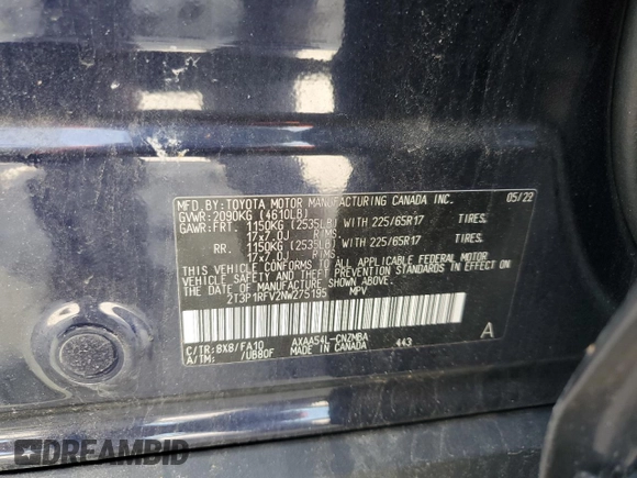 2022 Toyota RAV4 XLE with VIN 2T3P1RFV2NW275195, listed as a Copart auction lot 59655775 with 43,329 mi miles and Salvage title. Bid and sale history available at DreamBid. Image 13.