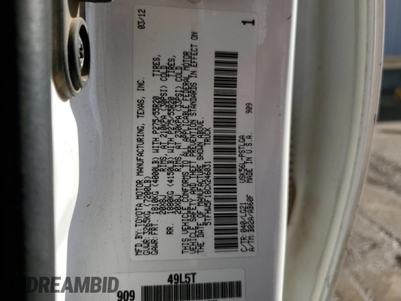 2012 Toyota Tundra Limited with VIN 5TFHW5F18CX246031, listed as a Copart auction lot 51668945 with 345,294 mi miles and Salvage title. Bid and sale history available at DreamBid. Image 13.
