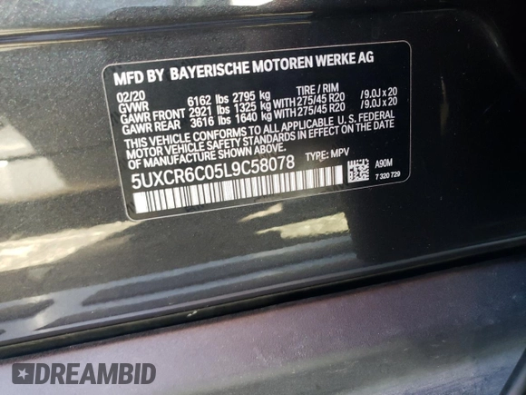 2020 BMW X5 xDrive40i with VIN 5UXCR6C05L9C58078, listed as a Copart auction lot 58996372 with 30,714 mi miles. Bid and sale history available at carsss.com. Image 10.