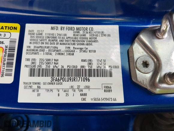 2018 Ford Fusion SE z VIN 3FA6P0LU9JR171096, wystawiony jako IAAI lot #42329683 z przebiegiem 126 463 mil mil oraz . Historia ofert i sprzedaży dostępna na DreamBid. Obrazek 9.