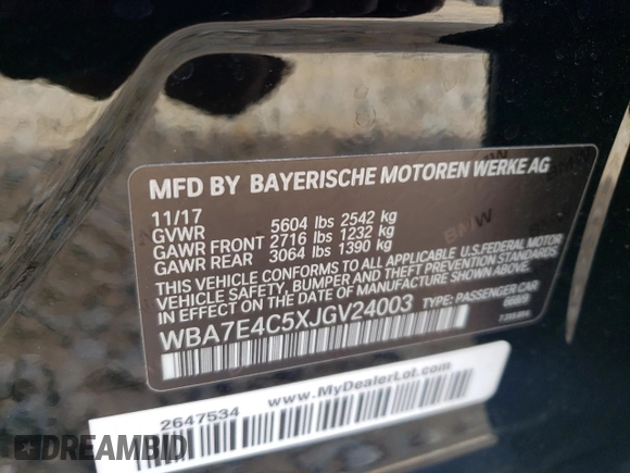 2018 BMW 7 Series 740i xDrive with VIN WBA7E4C5XJGV24003, listed as a Copart auction lot 71395443 with 63,558 mi miles. Bid and sale history available at carsss.com. Image 15.