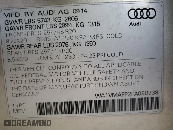 2015 Audi Q5 Prestige z VIN WA1VMAFP2FA050738, wystawiony jako Copart lot #81609194 z przebiegiem 65 534 mil mil oraz Szkoda całkowita • Salvage title. Historia ofert i sprzedaży dostępna na DreamBid. Obrazek 13.