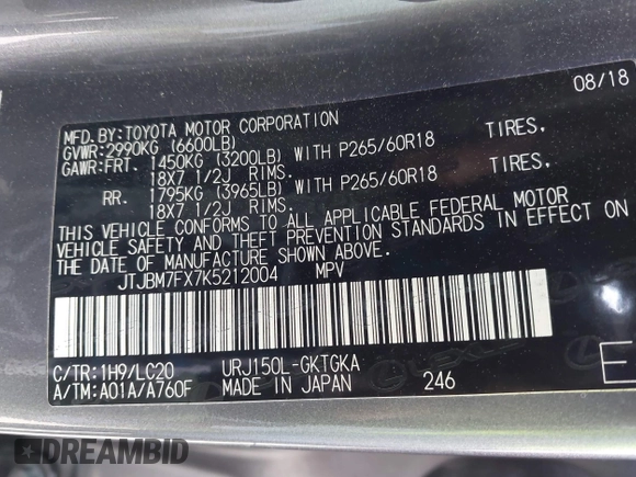 2019 Lexus GX 460 z VIN JTJBM7FX7K5212004, wystawiony jako IAAI lot #42111073 z przebiegiem 74 358 mil mil oraz . Historia ofert i sprzedaży dostępna na DreamBid. Obrazek 9.