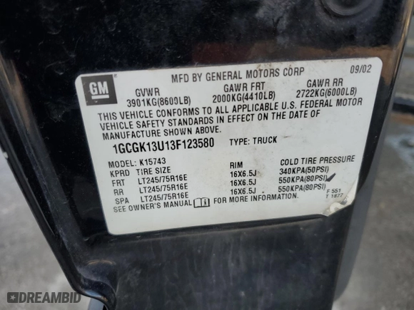 2003 Chevrolet Silverado 1500HD LT with VIN 1GCGK13U13F123580, listed as a Copart auction lot 85439524 with 233,342 mi miles and Salvage Title. Bid and sale history available at carsss.com. Image 12.
