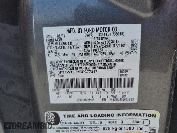 2011 Ford F-150 XLT with VIN 1FTFW1ET2BFC77217, listed as a Copart auction lot 44969864 with 0 mi miles and Clean Title. Bid and sale history available at carsss.com. Image 13.