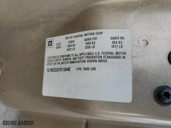 2001 Chevrolet Malibu LS with VIN 1G1NE52J516119440, listed as a Copart auction lot 88232735 with 0 mi miles and Salvage Title. Bid and sale history available at carsss.com. Image 14.