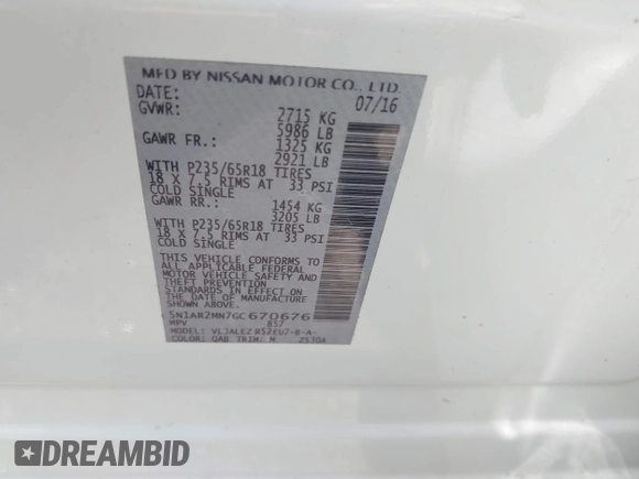 2016 Nissan Pathfinder S with VIN 5N1AR2MN7GC670676, listed as a IAAI auction lot 42391995 with 165,391 mi miles and . Bid and sale history available at DreamBid. Image 9.