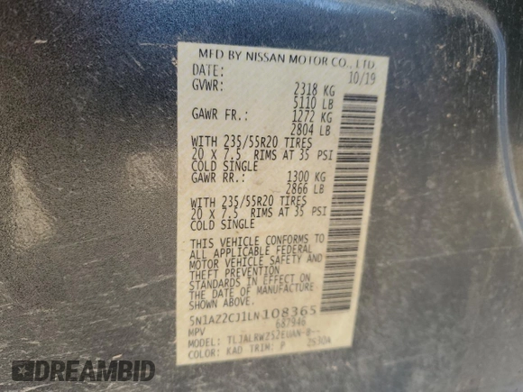 2020 Nissan Murano SL with VIN 5N1AZ2CJ1LN108365, listed as a Copart auction lot 43200595 with 76,323 mi miles and Salvage title. Bid and sale history available at DreamBid. Image 16.