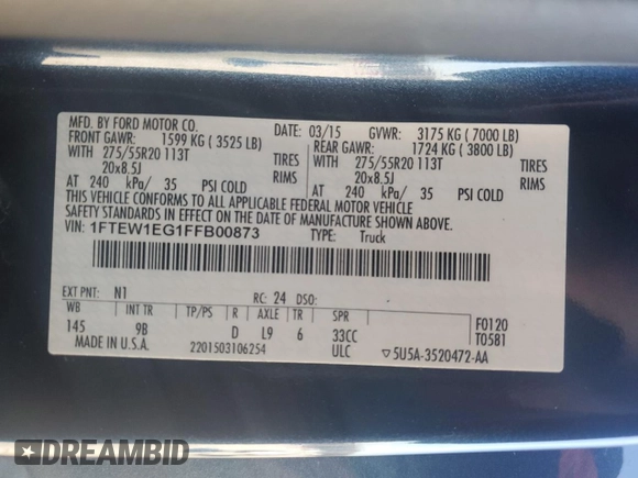 2015 Ford F-150 XLT with VIN 1FTEW1EG1FFB00873, listed as a Copart auction lot 84659894 with 145,346 mi miles and Salvage Title. Bid and sale history available at carsss.com. Image 12.