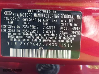 2017 Kia Sorento LX V6 with VIN 5XYPG4A57HG311913, listed as a IAAI auction lot 41764716 with 78,224 mi miles. Bid and sale history available at carsss.com. Image 9.
