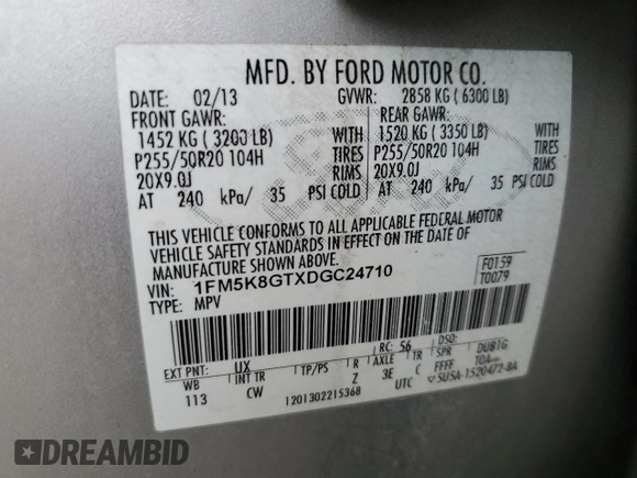 2013 Ford Explorer Sport z VIN 1FM5K8GTXDGC24710, wystawiony jako Copart lot #56323525 z przebiegiem 53 889 mil mil oraz Szkoda całkowita • Salvage title. Historia ofert i sprzedaży dostępna na DreamBid. Obrazek 14.
