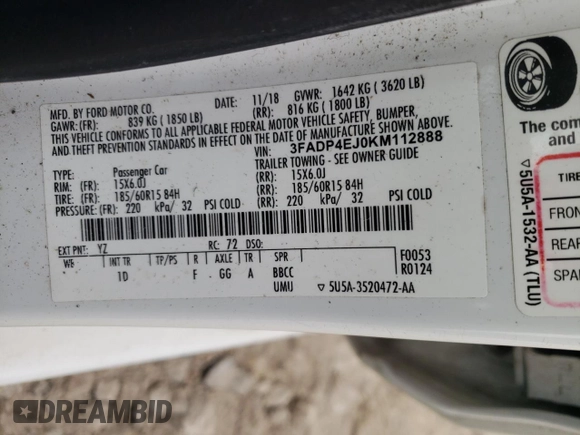 2019 Ford Fiesta SE with VIN 3FADP4EJ0KM112888, listed as a Copart auction lot 46938845 with 64,410 mi miles and Salvage Title. Bid and sale history available at carsss.com. Image 12.