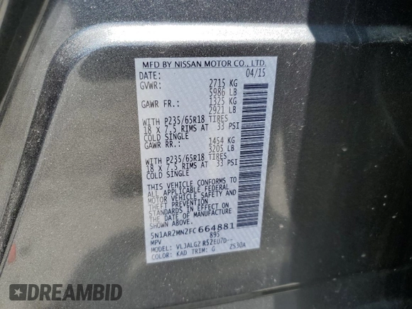 2015 Nissan Pathfinder S with VIN 5N1AR2MN2FC664881, listed as a Copart auction lot 61437605 with 168,119 mi miles and Clean title. Bid and sale history available at DreamBid. Image 12.
