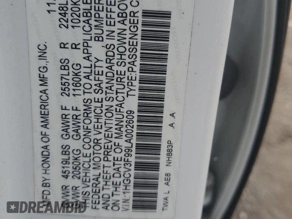 2020 Honda Accord Touring z VIN 1HGCV3F99LA002609, wystawiony jako Copart lot #58080035 z przebiegiem 118 771 mil mil oraz Szkoda całkowita • Salvage title. Historia ofert i sprzedaży dostępna na DreamBid. Obrazek 12.