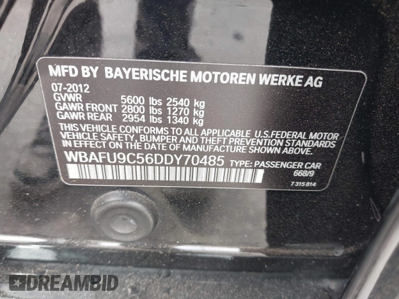 2013 BMW 5 Series 550i xDrive with VIN WBAFU9C56DDY70485, listed as a IAAI auction lot 41276612 with 116,452 mi miles and . Bid and sale history available at carsss.com. Image 9.