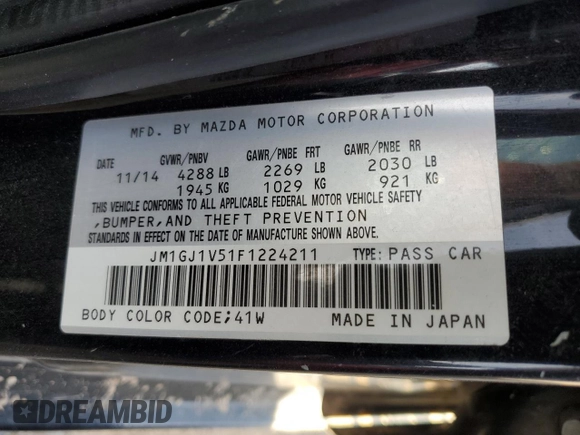 2015 Mazda 6 i Touring with VIN JM1GJ1V51F1224211, listed as a Copart auction lot 52652545 with 176,399 mi miles and Salvage Title. Bid and sale history available at carsss.com. Image 12.