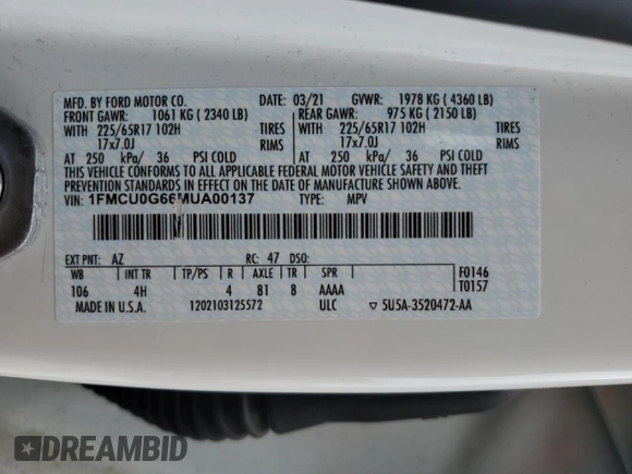 2021 Ford Escape SE with VIN 1FMCU0G66MUA00137, listed as a Copart auction lot 56132815 with 34,724 mi miles and Salvage title. Bid and sale history available at DreamBid. Image 13.