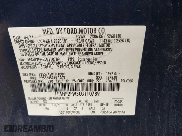 2012 Ford Taurus Limited with VIN 1FAHP2FW5CG110789, listed as a IAAI auction lot 42153424 with 110,000 mi miles and . Bid and sale history available at DreamBid. Image 9.